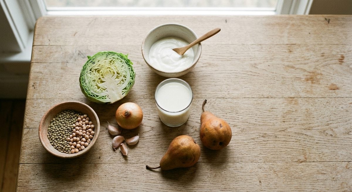 Flat lay de produits laitiers, légumineuses et choux, les aliments à limiter en cas de selles liquides