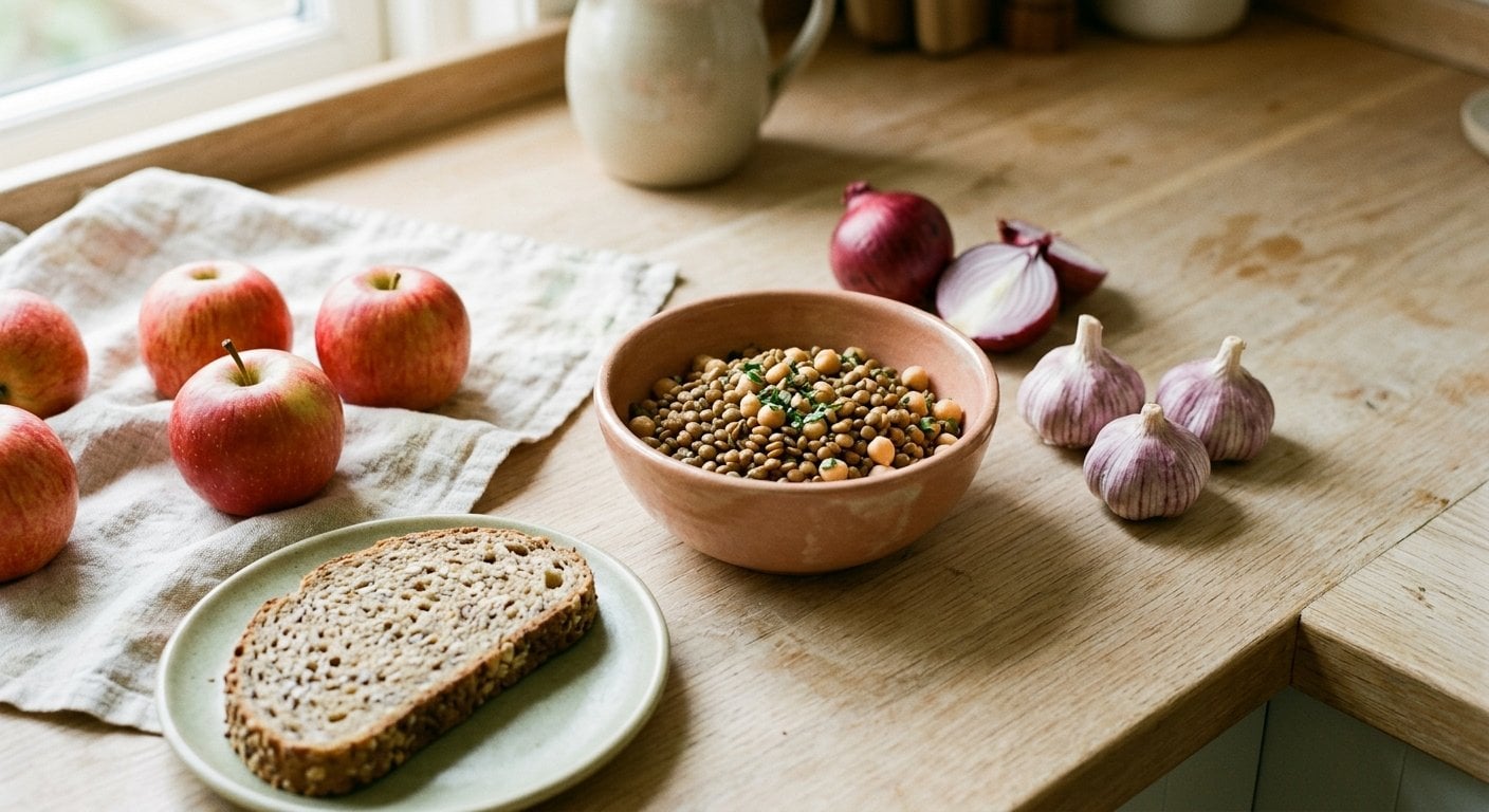 Aliments sains naturellement riches en FODMAP : gousses d'ail, oignons, lentilles, pois chiches, pommes et pain complet sur un plan de travail clair