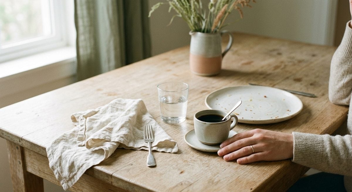 Table après un repas avec une tasse de café et un verre d'eau, lumière douce