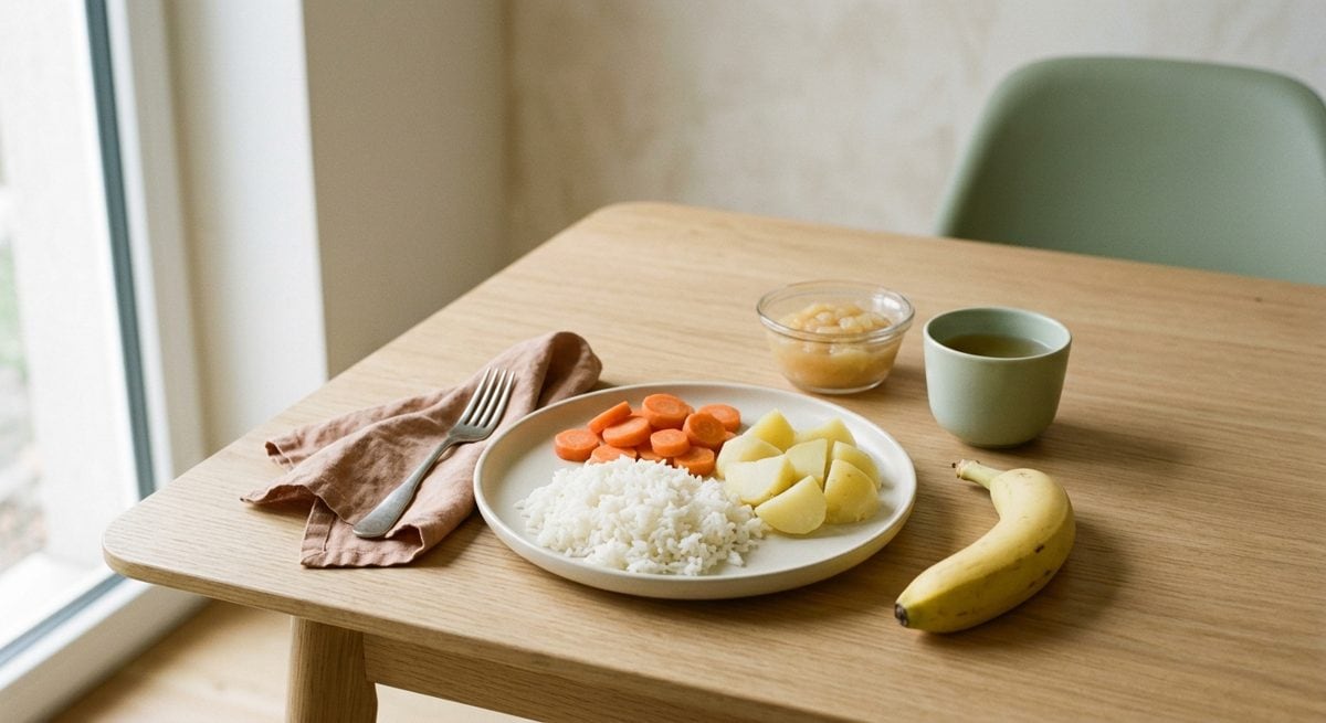Assiette simple de riz blanc, carottes cuites, banane et compote, sur une table en bois clair