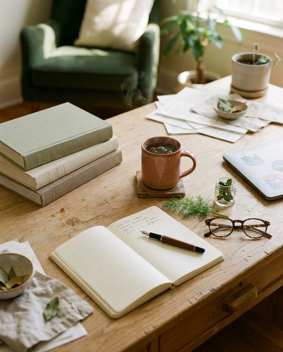 Ouvrages de référence sur la digestion, carnet de notes et tasse d'infusion sur un bureau clair