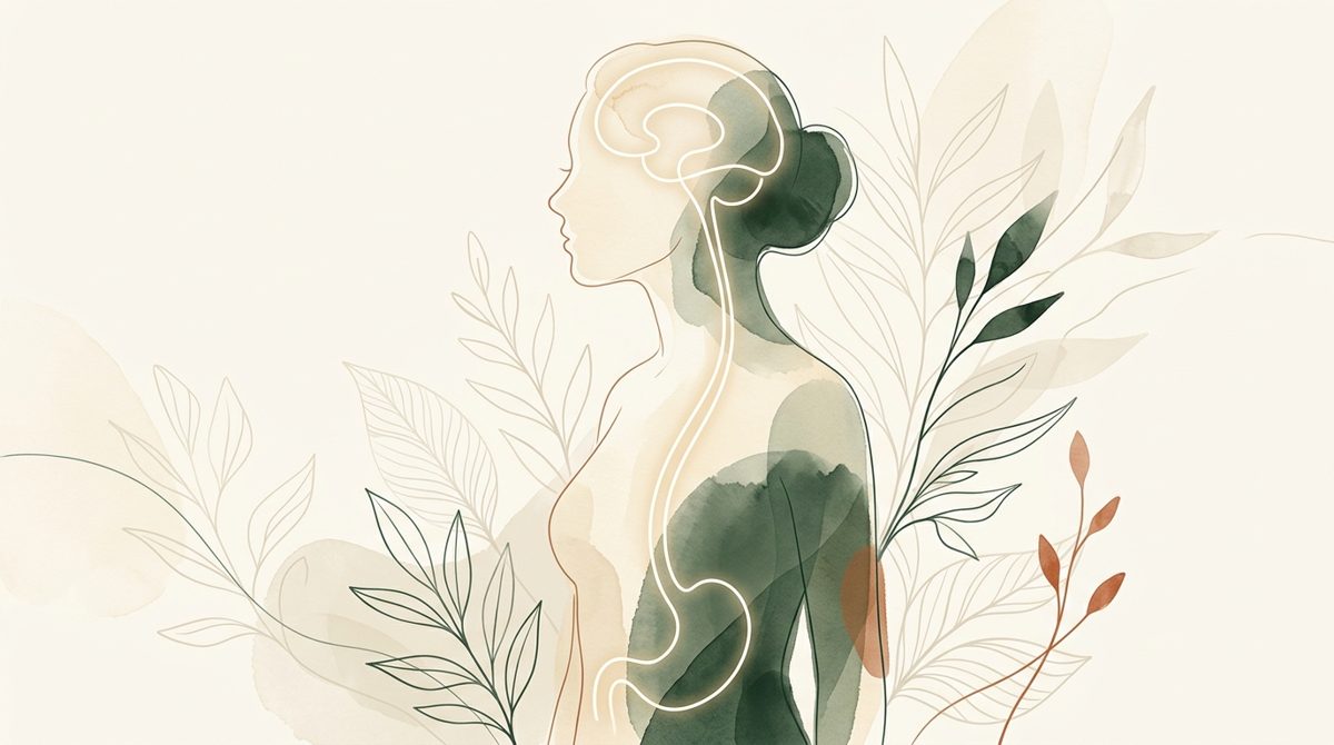 Illustration douce et lumineuse évoquant le lien entre le cerveau et le ventre, silhouette apaisée, tons crème et vert