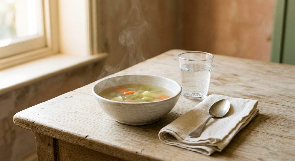 Bol de bouillon clair et verre d'eau posés sur une table claire