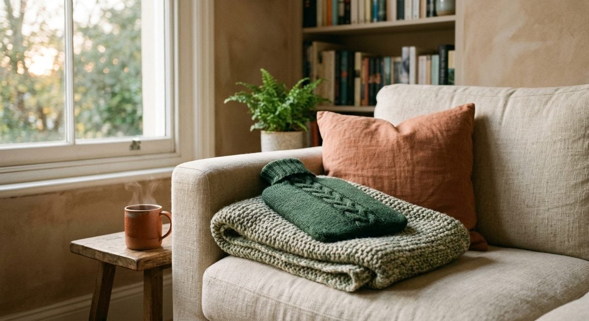 Bouillotte posée sur un plaid et tasse de tisane fumante dans une lumière douce