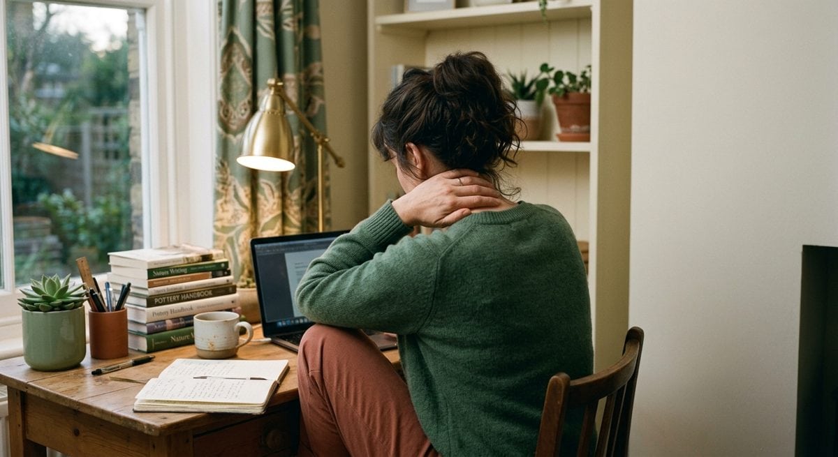 Personne assise à un bureau en fin de journée, épaules nouées, lumière rasante