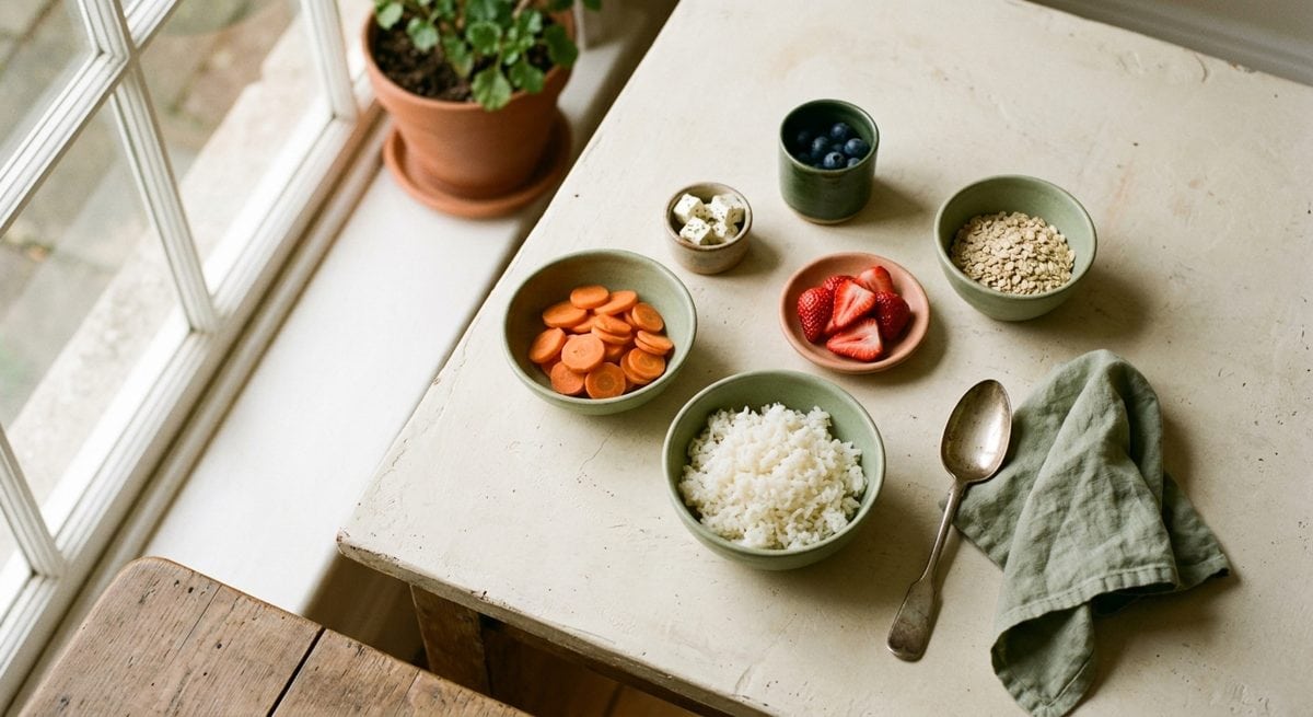Aliments portionnés dans de petits bols : riz, carottes, fraises, feta — sur fond crème