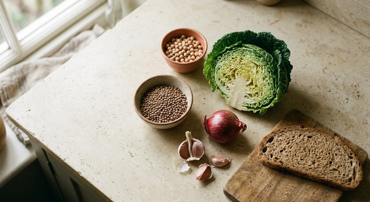Flat-lay de légumineuses, choux et oignons sur un plan de travail crème