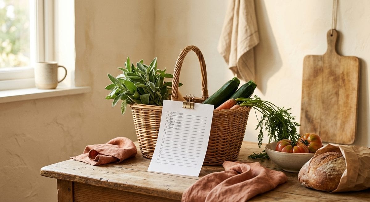 Liste de courses imprimée posée sur un panier en osier, légumes frais autour