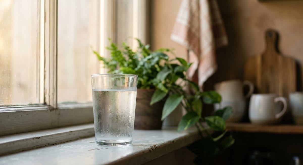 Verre d'eau et fenêtre au petit matin, ambiance calme avant le premier repas