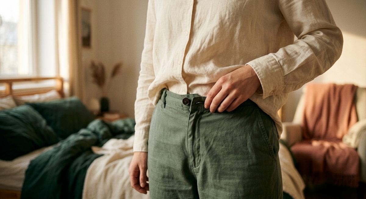 Personne debout en fin de journée, bouton de pantalon ouvert, expression agacée