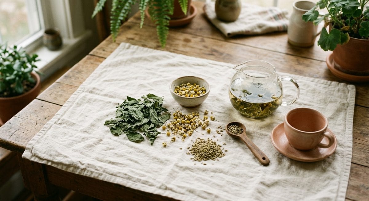 Plantes séchées — menthe poivrée, camomille, fenouil — disposées près d'une théière en verre