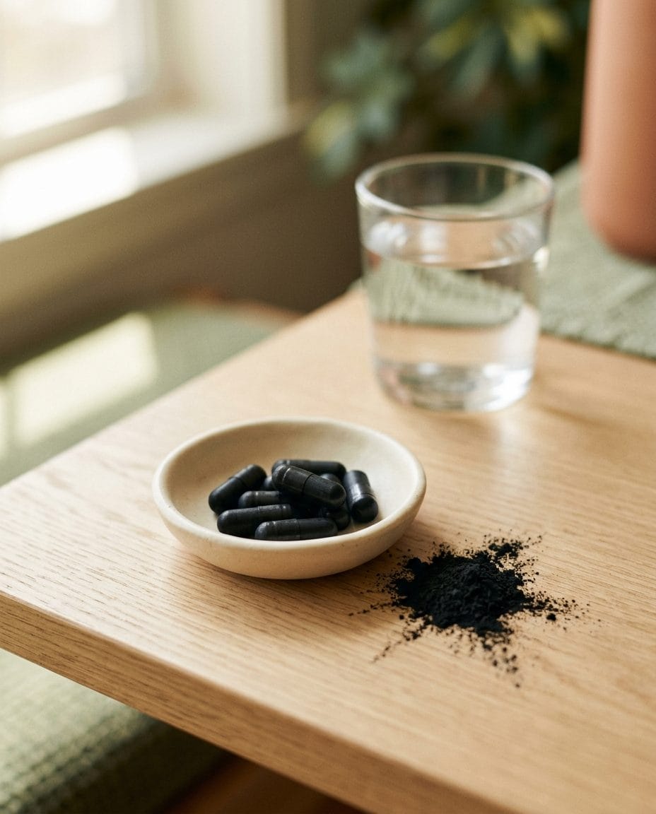 Gélules de charbon végétal activé et poudre noire dans une petite coupelle en céramique, sur un fond crème