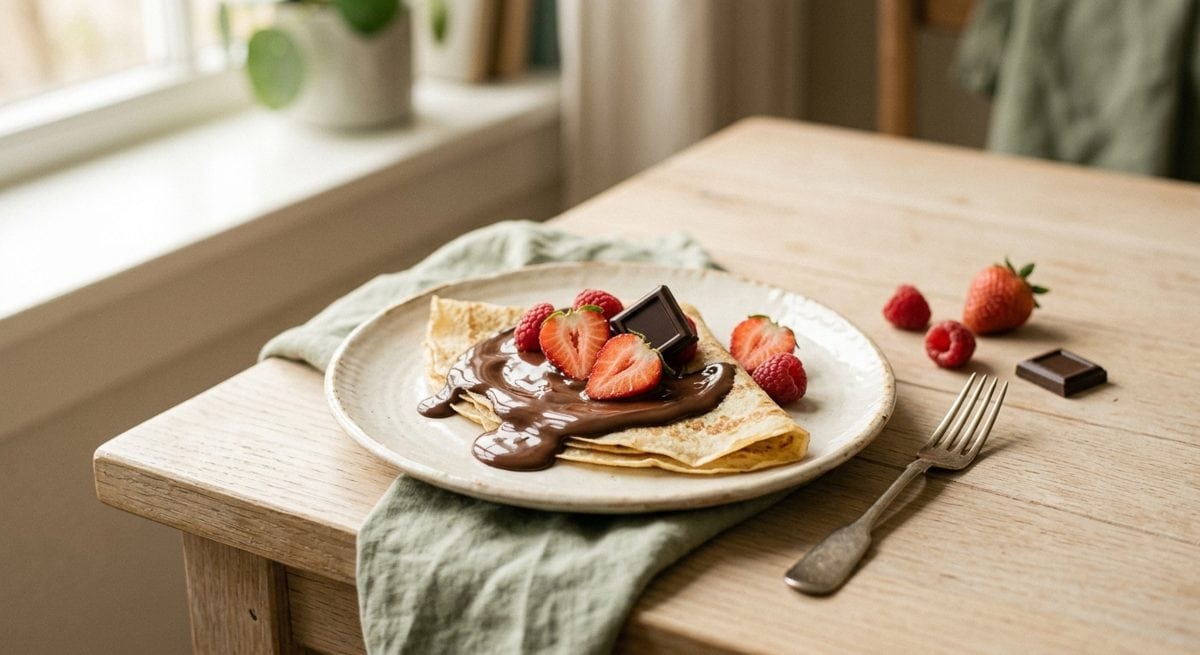 Crêpe nappée de chocolat noir fondu et garnie de fraises et framboises fraîches, variante gourmande pauvre en FODMAP