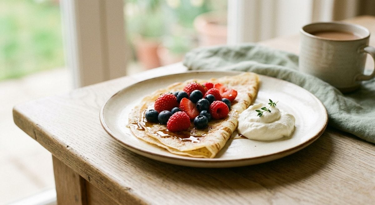 Crêpe garnie de fraises, myrtilles et framboises avec un filet de sirop d'érable, garniture fraîche pauvre en FODMAP