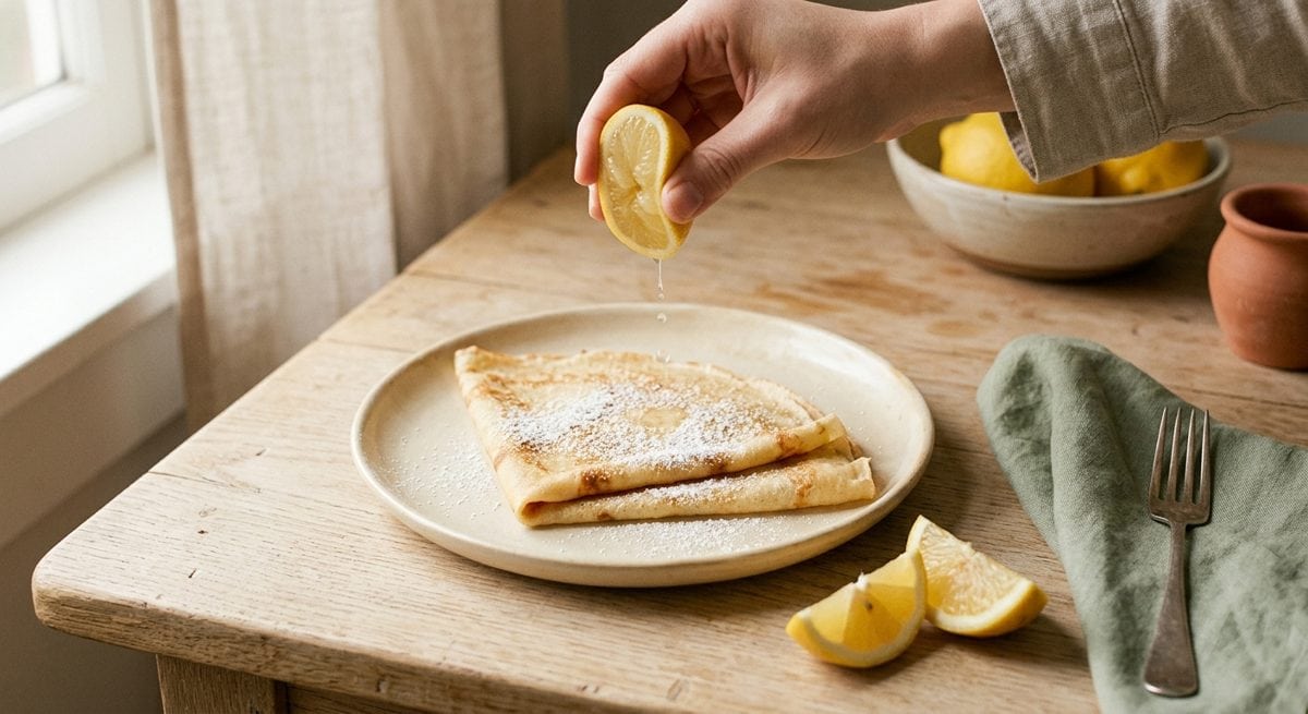 Crêpe fine pliée saupoudrée de sucre avec un filet de jus de citron, la garniture classique de la Chandeleur pauvre en FODMAP