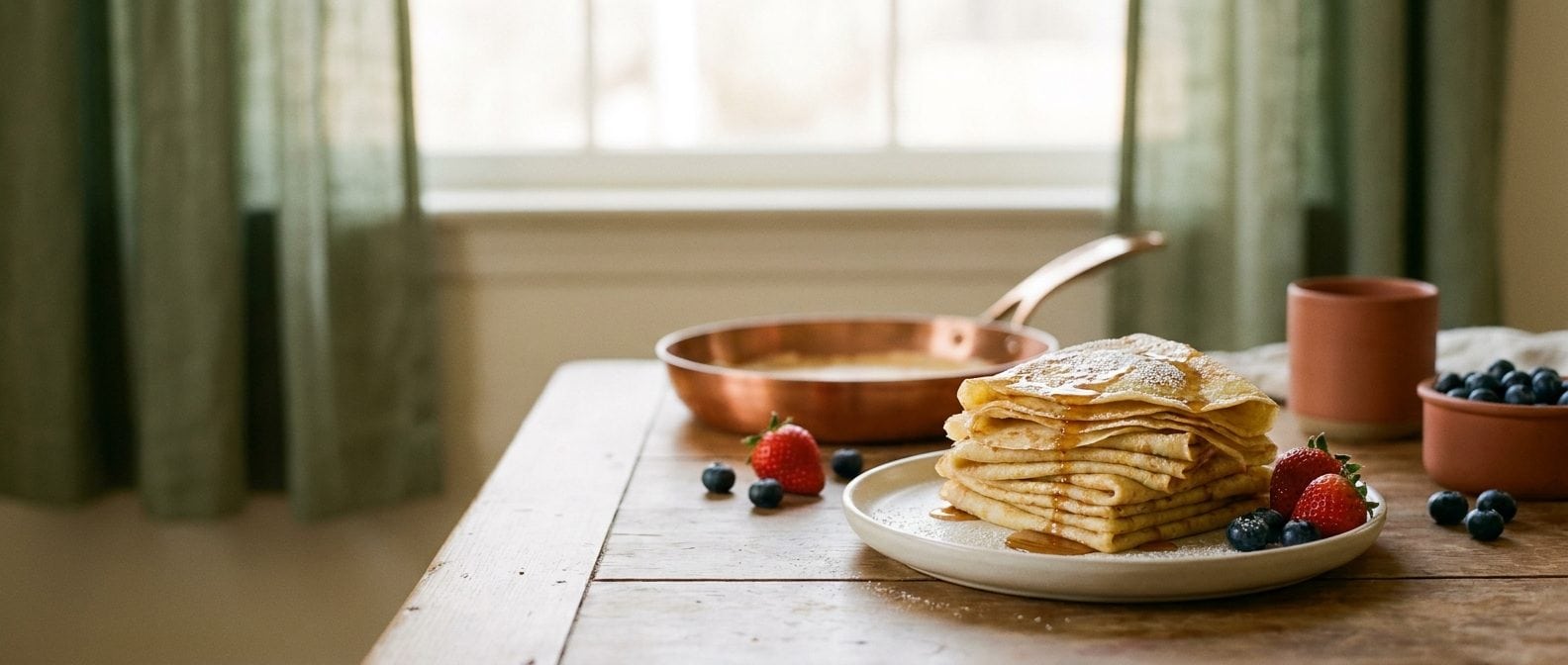 Une pile de crêpes fines dorées pour la Chandeleur, garnies de sucre, d'un filet de citron et de quelques fruits rouges, dans une lumière chaleureuse