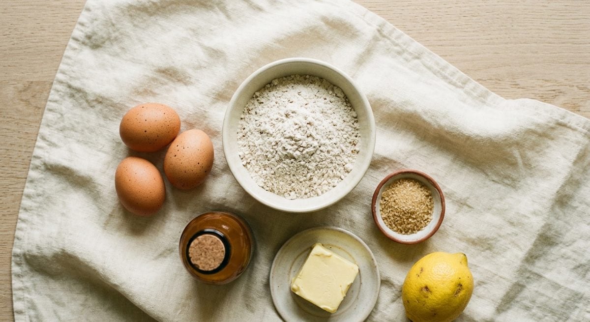 Les ingrédients pauvres en FODMAP d'une pâte à crêpes disposés à plat : farine sans gluten, œufs, lait sans lactose, beurre, sucre et un citron