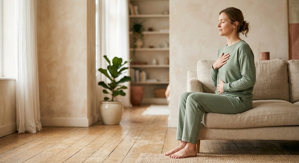 Femme assise calmement, mains posées sur le haut du ventre, yeux fermés, respiration lente et apaisée