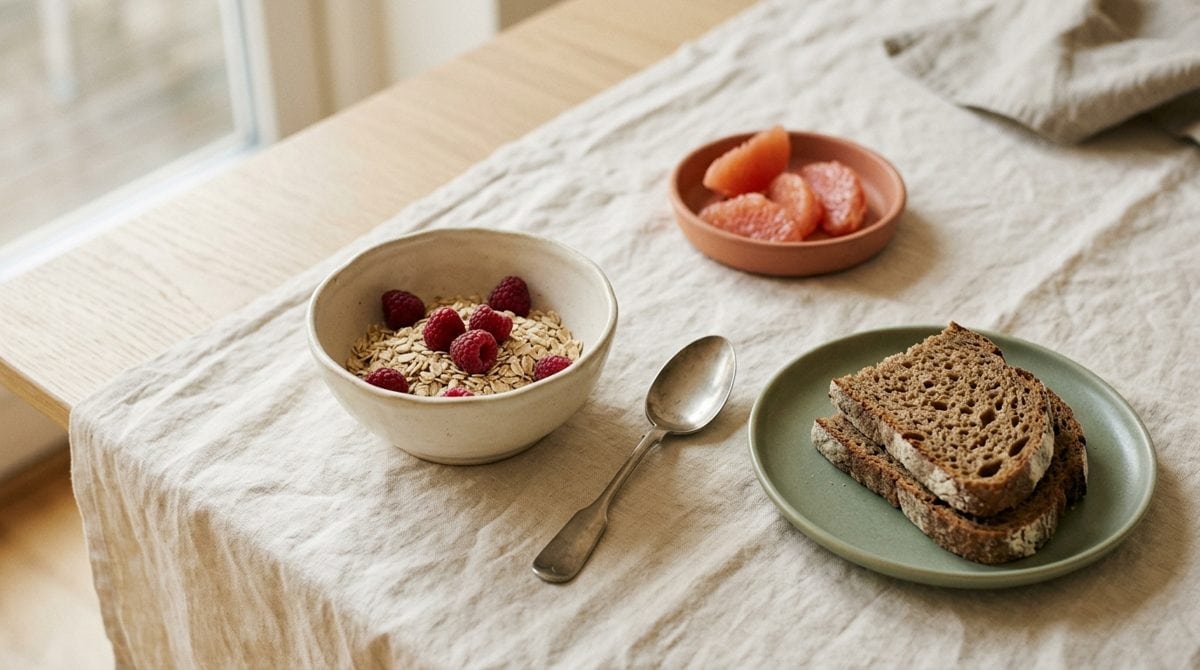 Un petit-déjeuner réunissant flocons d'avoine, framboises, pain au levain et pamplemousse — quatre portions individuellement correctes, mais toutes de la même famille FODMAP