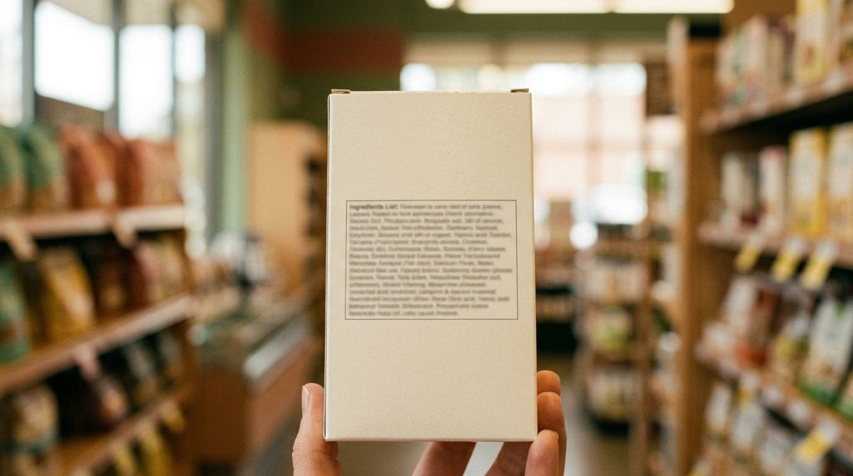 Une main tient un emballage alimentaire et lit la liste des ingrédients au dos, dans un rayon de supermarché