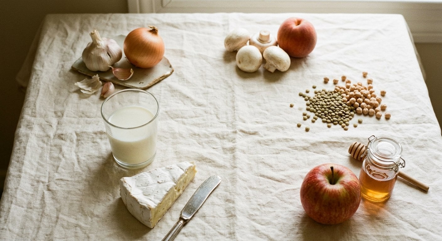 Les familles de FODMAP disposées en petits groupes : ail et oignon, produits laitiers, pomme et miel, lentilles et pois chiches, champignons et fruits à noyau