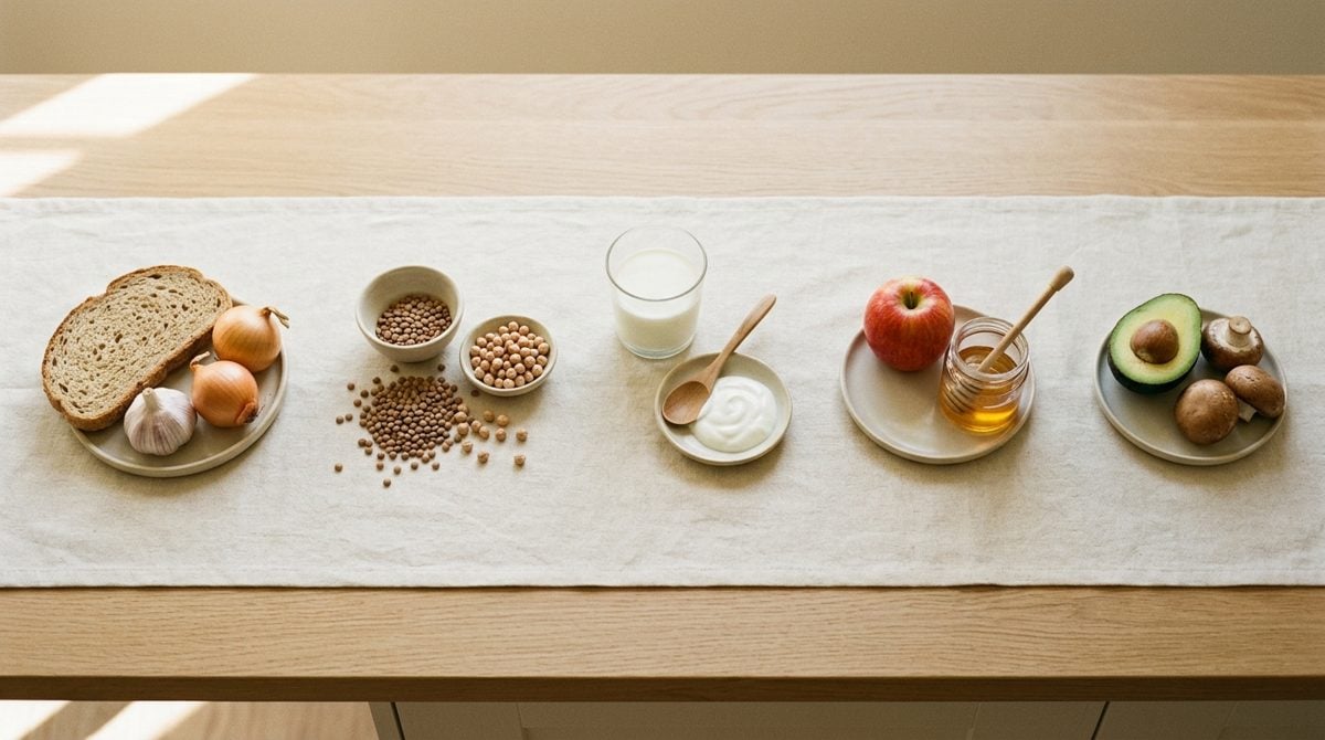 Cinq groupes d'aliments disposés séparément sur un plan de travail : blé et oignons, lentilles, produits laitiers, pommes et miel, avocat et champignons