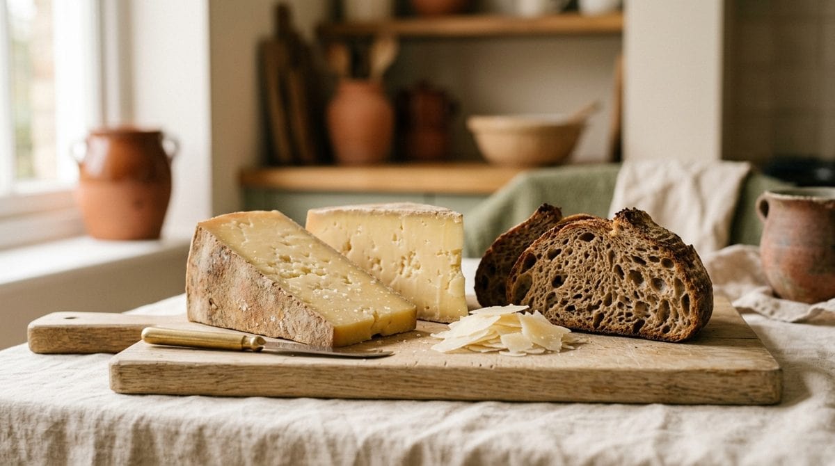 Une planche avec du comté, du parmesan et deux tranches de pain au levain d'épeautre — trois aliments que l'on croit à tort interdits en régime FODMAP