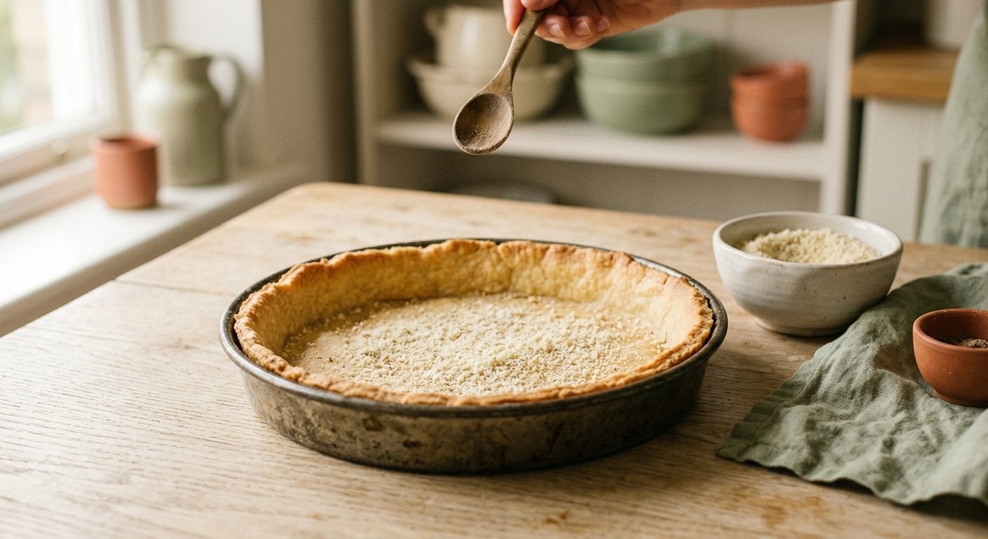 Fond de tarte précuit et doré saupoudré de poudre d'amande pour former une barrière anti-humidité avant la garniture