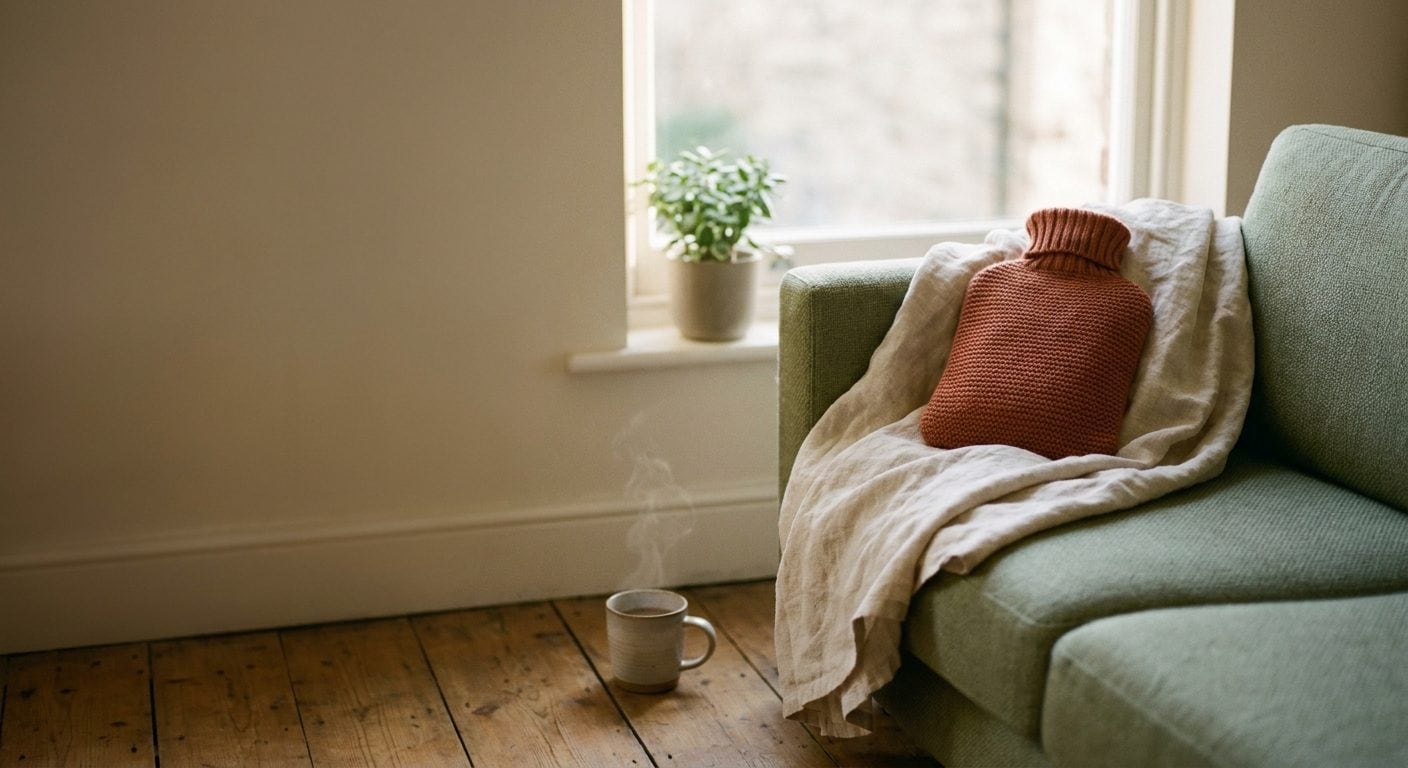 Une bouillotte posée sur un plaid, dans une lumière douce de fin de journée