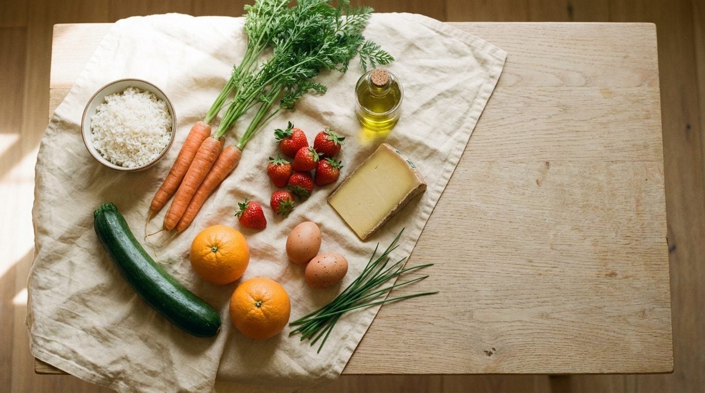 Composition d'aliments pauvres en FODMAP disposés à plat : riz, carottes, courgette, oranges, fraises, œufs, comté, riz et huile d'olive