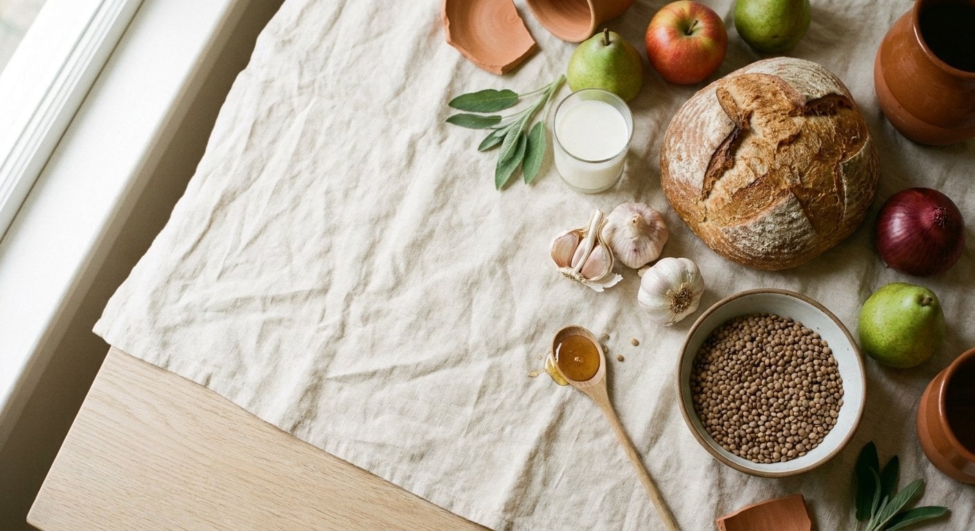 Table de cuisine claire avec des aliments du quotidien contenant des FODMAP : pain, ail, oignon, pomme, lait, lentilles et miel