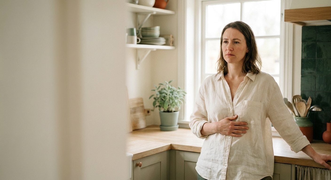 Femme debout dans une cuisine lumineuse, une main posée haut sur l'estomac, sous le sternum