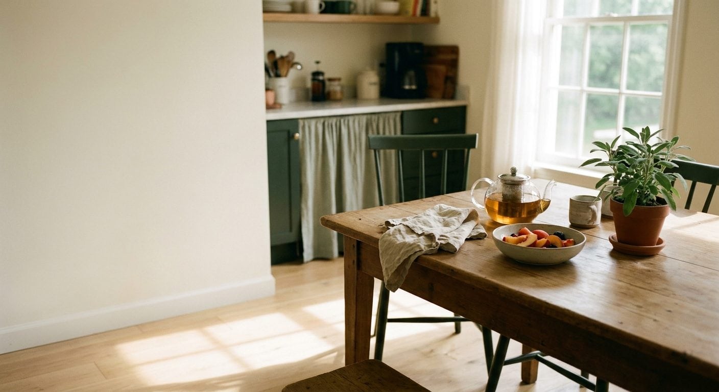 Table de petit-déjeuner baignée de lumière naturelle : théière en verre, fruits, plante verte