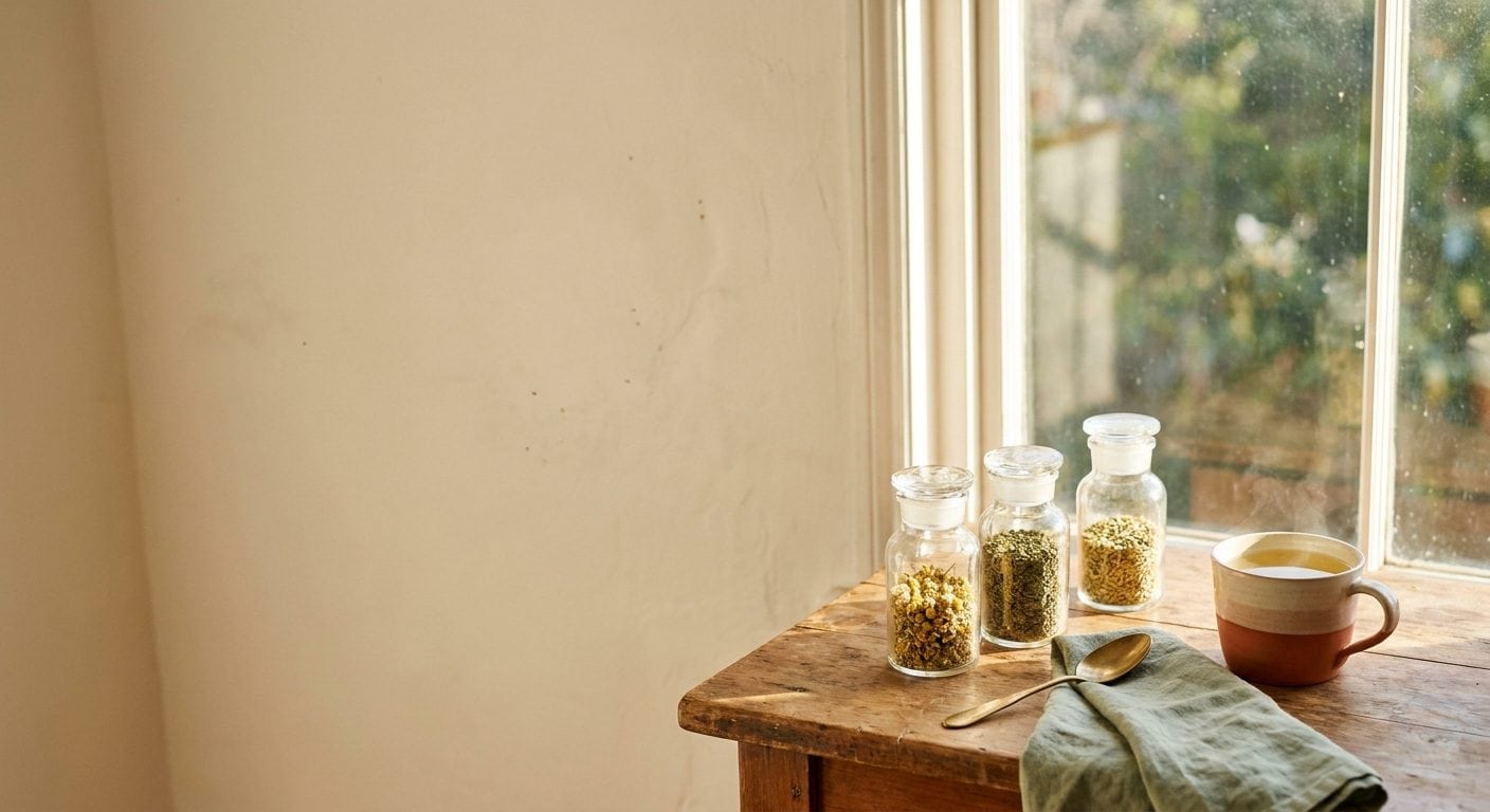 Bocaux de plantes séchées, graines de fenouil et tasse d'infusion sur une table de cuisine ancienne, lumière douce