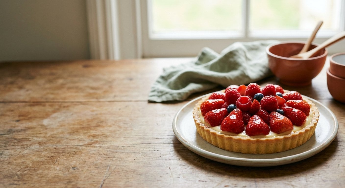 Tarte aux fruits rouges pauvre en FODMAP nappée et brillante, garnie de fraises, framboises et myrtilles, dans une lumière naturelle douce