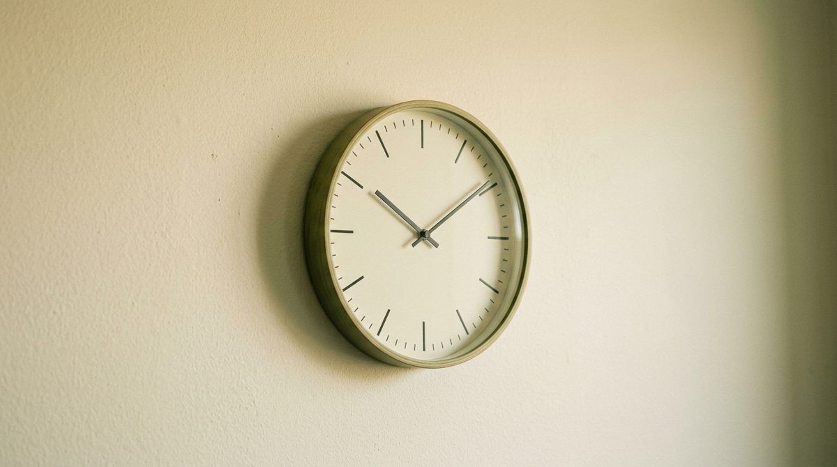 Horloge murale ronde à aiguilles sur un mur clair, vue légèrement de biais, lumière naturelle