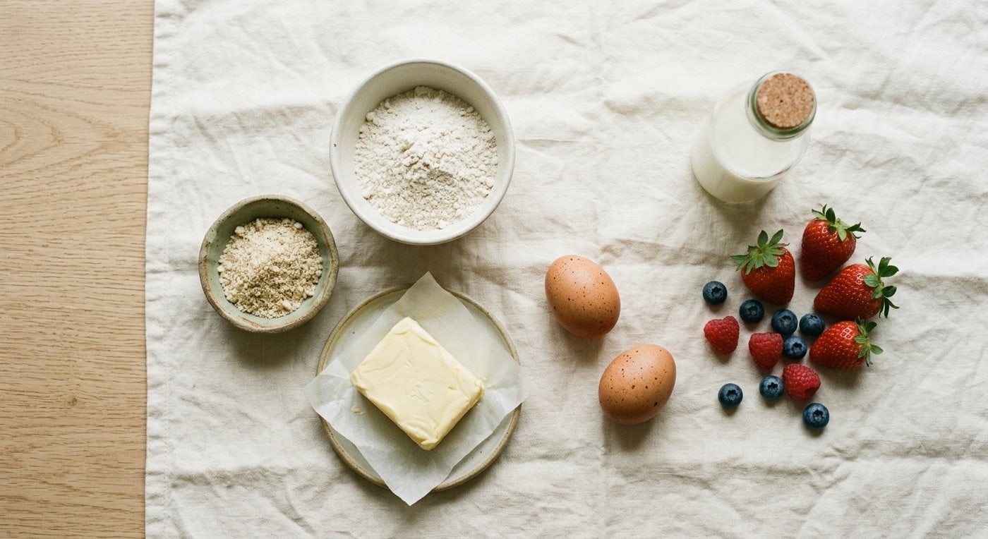 Les ingrédients pauvres en FODMAP disposés à plat : farine sans gluten, poudre d'amande, beurre, œufs, lait sans lactose, fraises, framboises et myrtilles