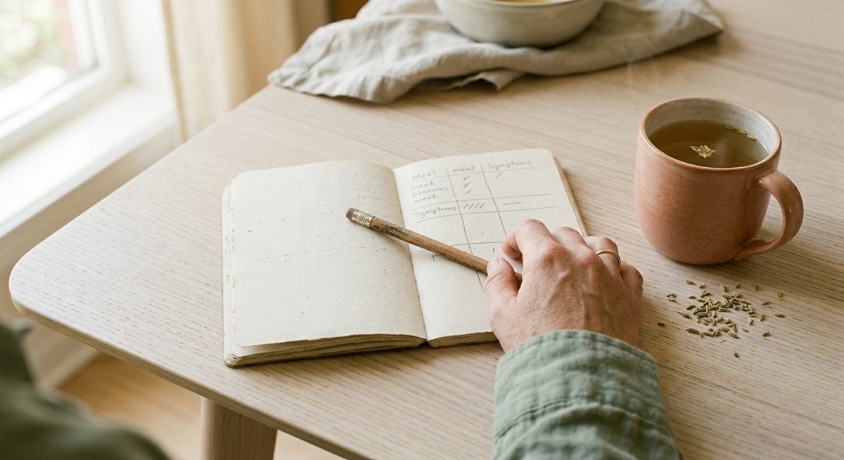 Carnet de notes sur une table en bois clair, où sont consignés repas et symptômes digestifs