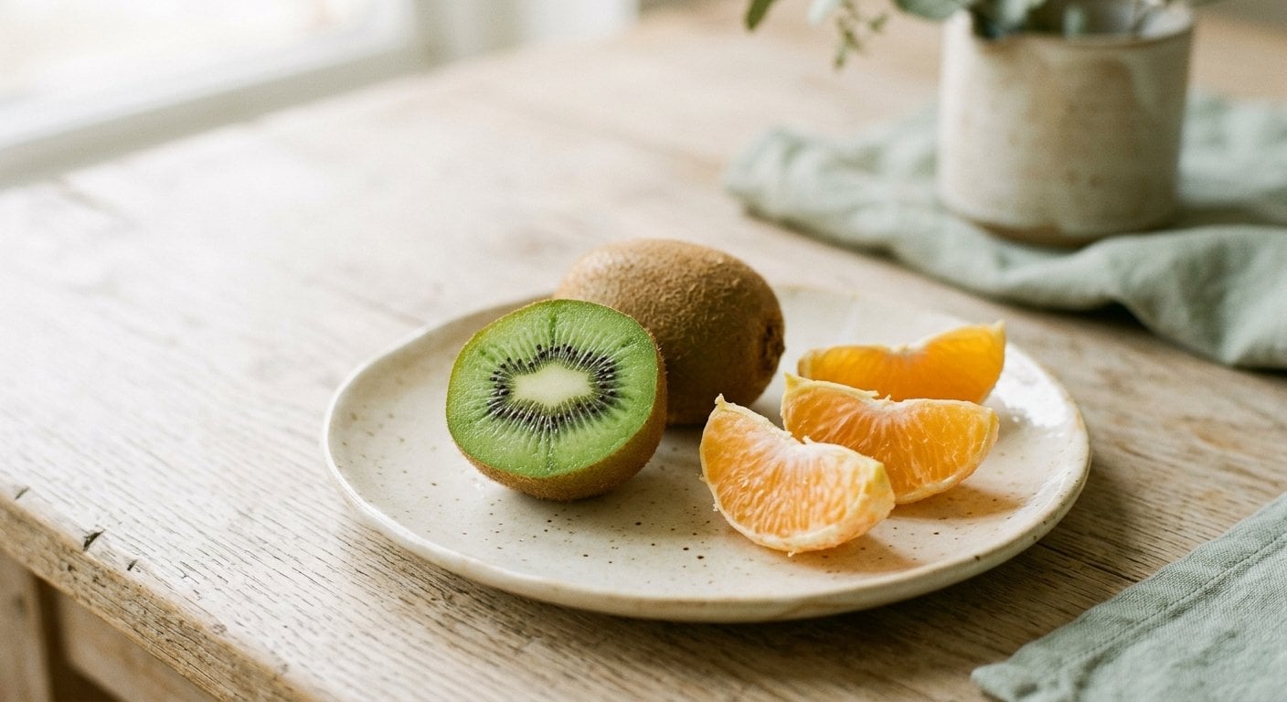 Kiwis coupés en deux et quartiers d'orange, des fruits pauvres en FODMAP, sur une assiette claire