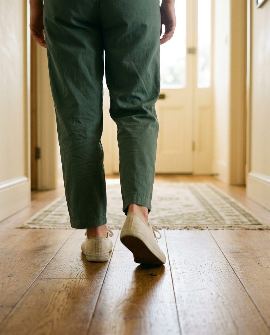 Jambes et chaussures d'une personne marchant lentement dans un couloir lumineux, vue de dos, léger flou de mouvement