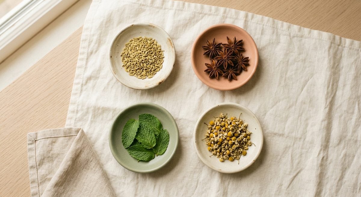 Graines de fenouil, anis étoilé, feuilles de menthe poivrée et fleurs de camomille disposées séparément sur un plan de travail
