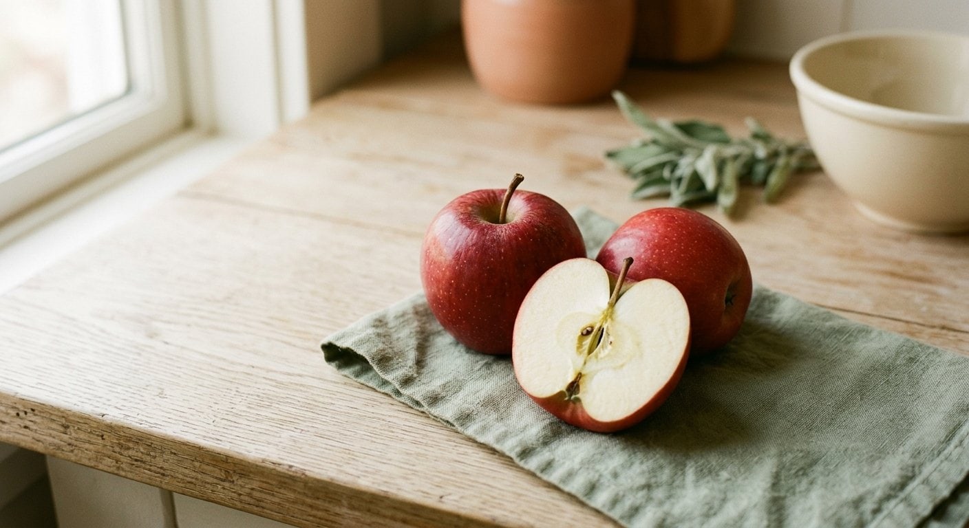 Pommes rouges entières et coupées, un fruit riche en FODMAP, sur un plan de travail clair