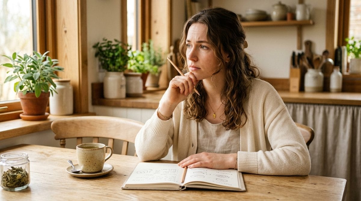 Personne pensive tenant un carnet et une tasse, réfléchissant à ce qui déclenche son ballonnement, lumière naturelle douce