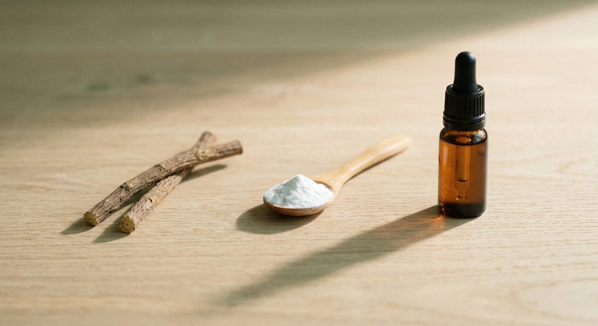 Bâtons de réglisse, cuillère de bicarbonate de soude et flacon d'huile essentielle posés sur un plan de travail, éclairage sobre