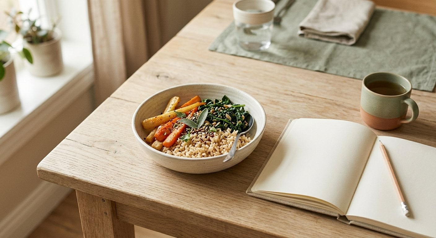 Un repas simple et coloré à côté d'un carnet et d'un stylo, pour tenir un journal alimentaire pendant le régime pauvre en FODMAP