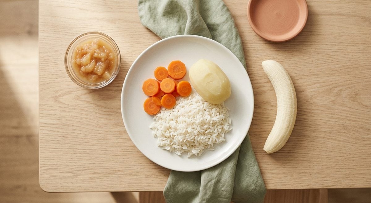 Assiette de riz blanc, carottes cuites et banane ferme, en flat lay sous une lumière douce