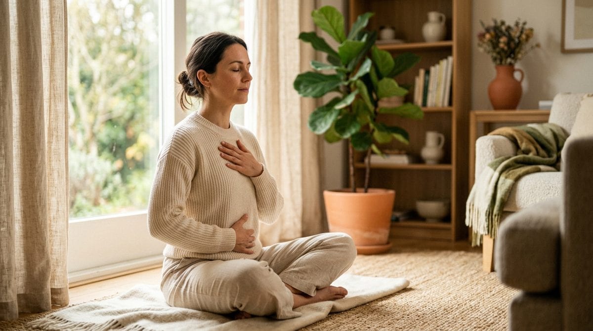 Personne assise, une main sur le ventre, pratiquant une respiration abdominale lente près d'une fenêtre, lumière douce