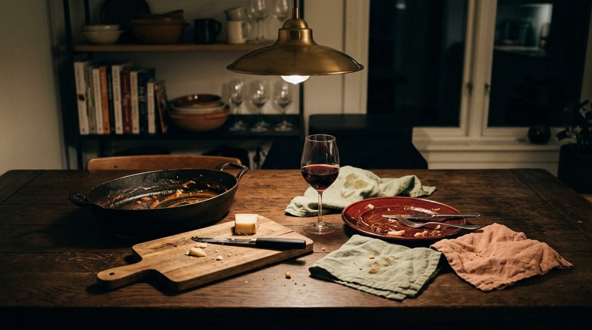 Table desservie en fin de soirée après un repas riche : plat en fonte, restes de fromage, verre de vin à moitié plein, lumière chaude de suspension