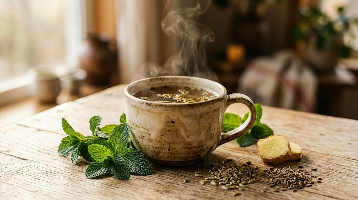 Tasse de tisane fumante avec branches de menthe, graines de fenouil et de cumin posées à côté, lumière chaleureuse