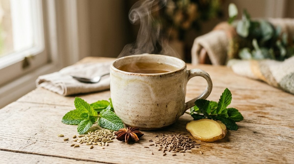 Tasse de tisane fumante avec brins de menthe, graines de fenouil et de cumin posés à côté, lumière chaleureuse